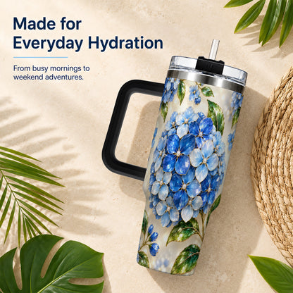 #pl[40oz|Black] Jeweled Hydrangea 40oz Tumbler with Handle, Floral Stainless Steel Cup