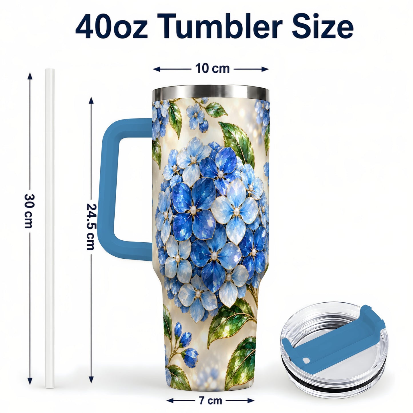 #pl[40oz|Blue] Jeweled Hydrangea 40oz Tumbler with Handle, Floral Stainless Steel Cup