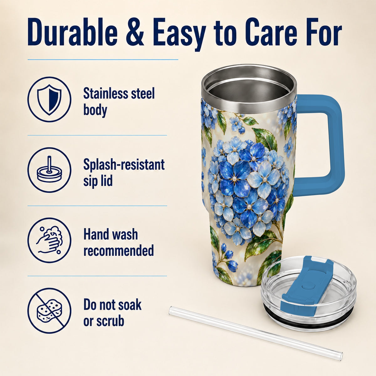 #pl[40oz|Blue] Jeweled Hydrangea 40oz Tumbler with Handle, Floral Stainless Steel Cup