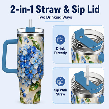 #pl[40oz|Blue] Jeweled Hydrangea 40oz Tumbler with Handle, Floral Stainless Steel Cup