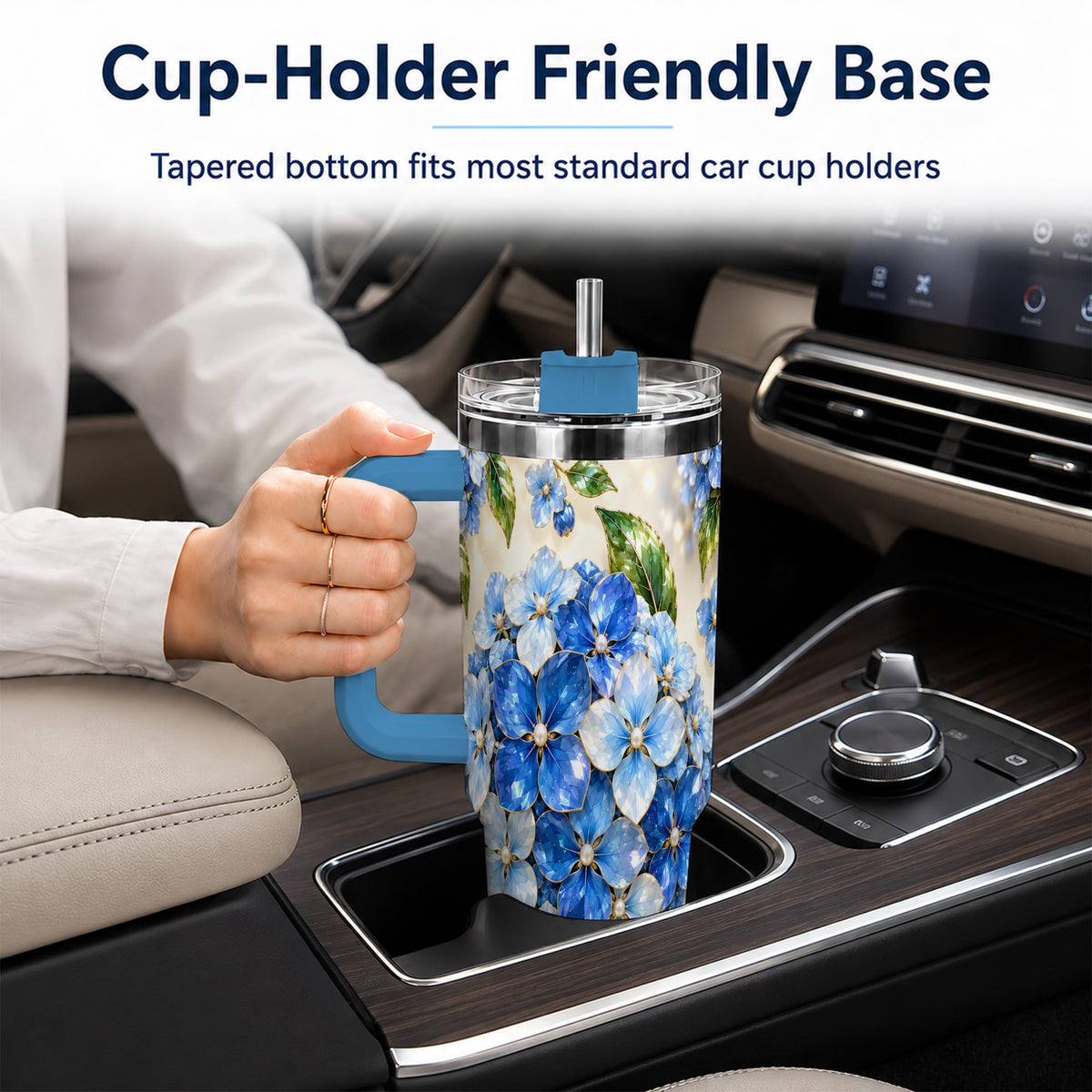 #pl[40oz|Blue] Jeweled Hydrangea 40oz Tumbler with Handle, Floral Stainless Steel Cup