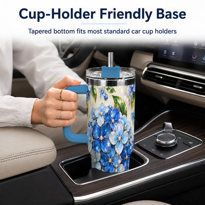 #pl[40oz|Blue] Jeweled Hydrangea 40oz Tumbler with Handle, Floral Stainless Steel Cup