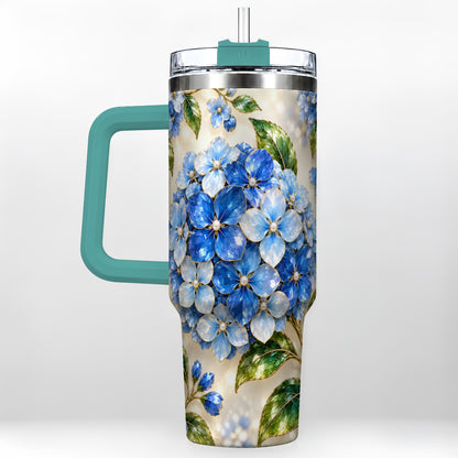 #pl[40oz|Green] Jeweled Hydrangea 40oz Tumbler with Handle, Floral Stainless Steel Cup