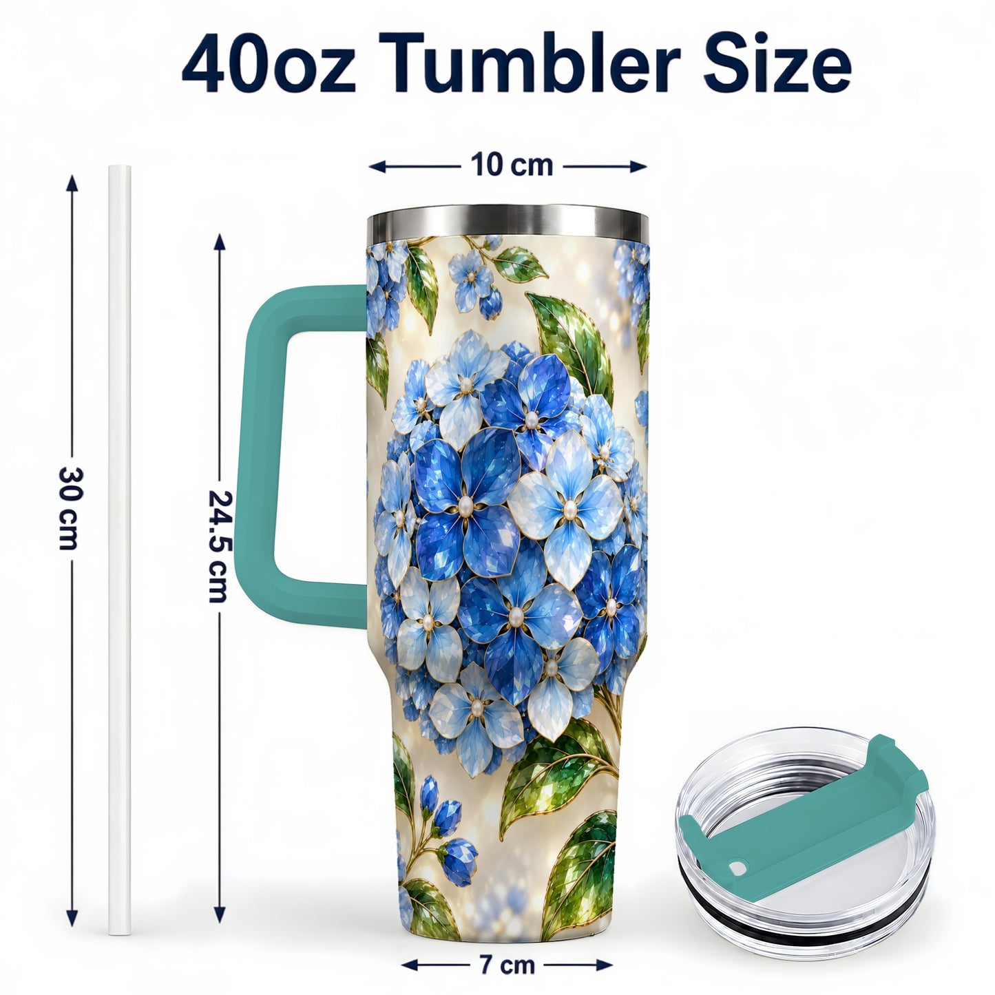 #pl[40oz|Green] Jeweled Hydrangea 40oz Tumbler with Handle, Floral Stainless Steel Cup