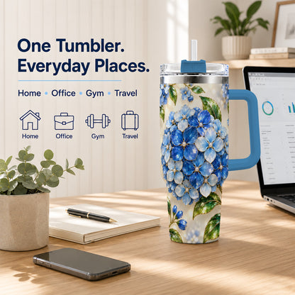 #pl[40oz|Blue] Jeweled Hydrangea 40oz Tumbler with Handle, Floral Stainless Steel Cup