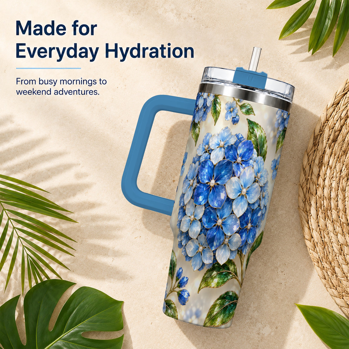 #pl[40oz|Blue] Jeweled Hydrangea 40oz Tumbler with Handle, Floral Stainless Steel Cup