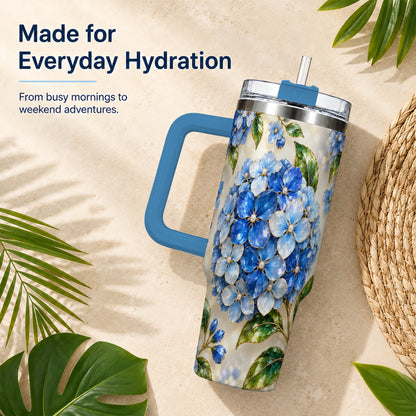 #pl[40oz|Blue] Jeweled Hydrangea 40oz Tumbler with Handle, Floral Stainless Steel Cup