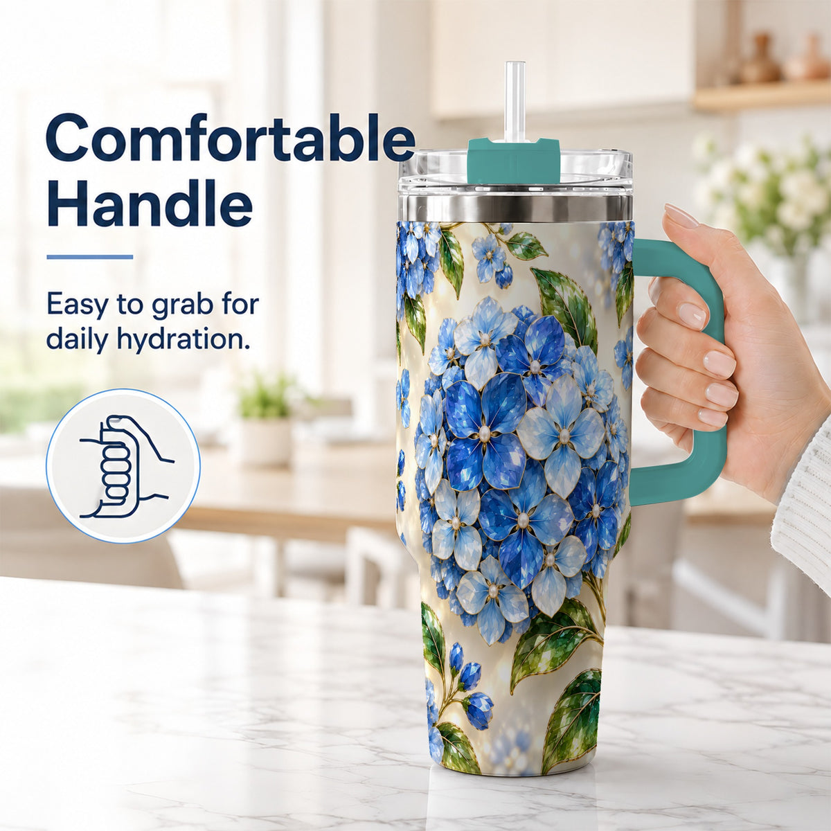 #pl[40oz|Green] Jeweled Hydrangea 40oz Tumbler with Handle, Floral Stainless Steel Cup