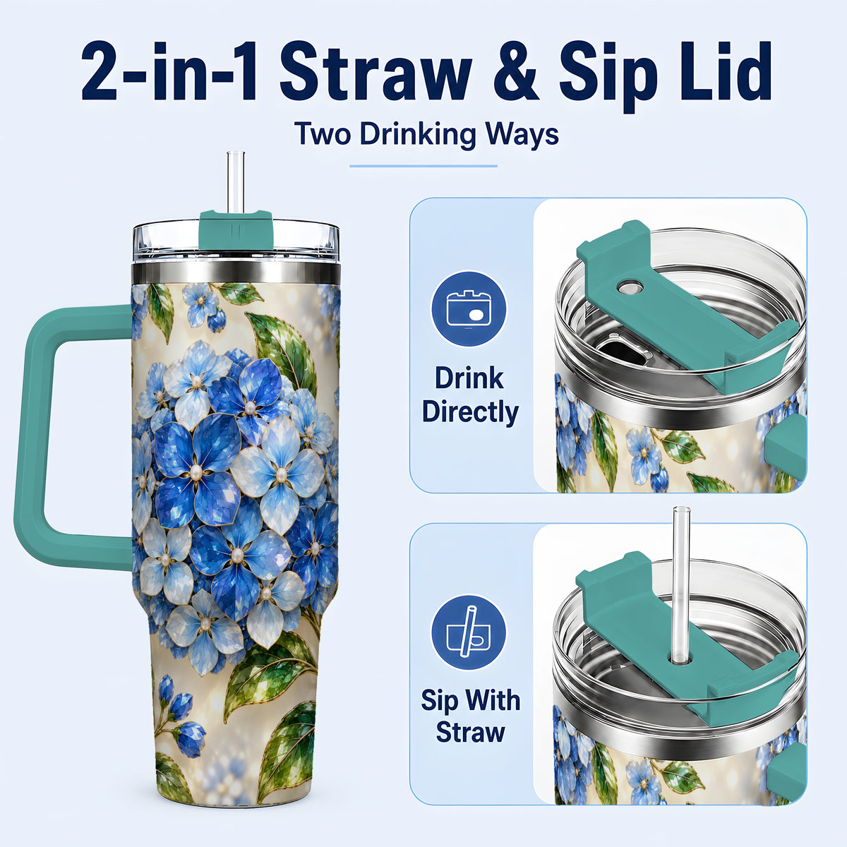 #pl[40oz|Green] Jeweled Hydrangea 40oz Tumbler with Handle, Floral Stainless Steel Cup