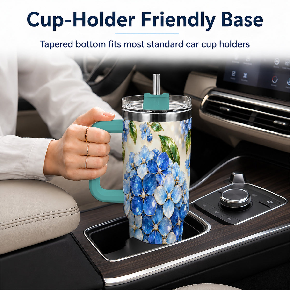 #pl[40oz|Green] Jeweled Hydrangea 40oz Tumbler with Handle, Floral Stainless Steel Cup