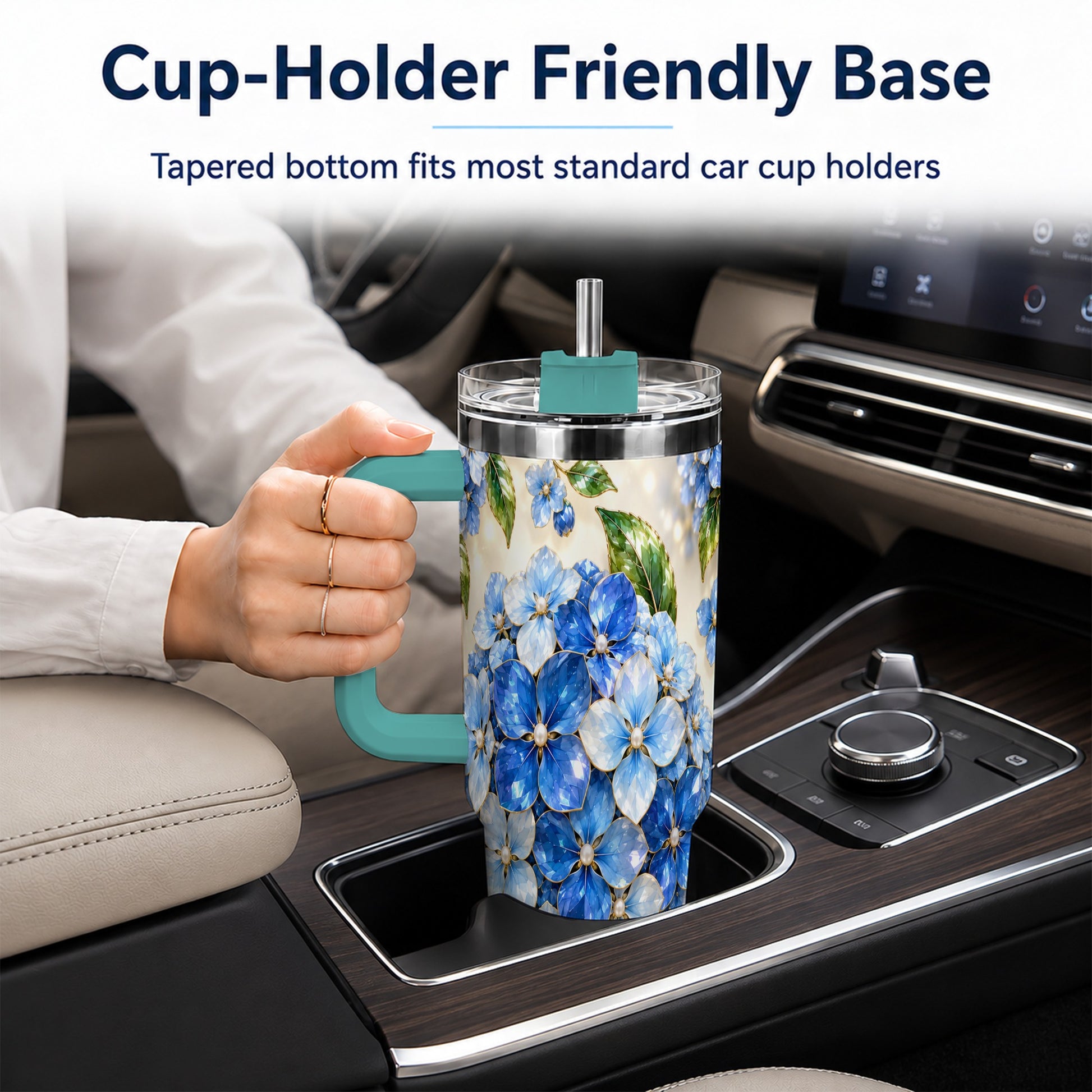 #pl[40oz|Green] Jeweled Hydrangea 40oz Tumbler with Handle, Floral Stainless Steel Cup