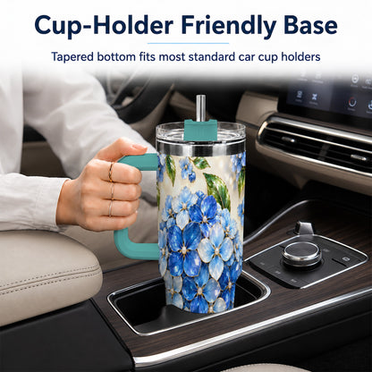 #pl[40oz|Green] Jeweled Hydrangea 40oz Tumbler with Handle, Floral Stainless Steel Cup