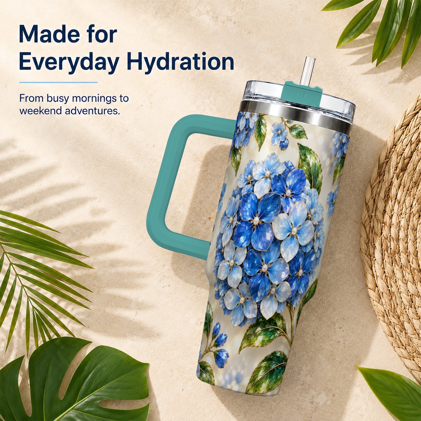 #pl[40oz|Green] Jeweled Hydrangea 40oz Tumbler with Handle, Floral Stainless Steel Cup