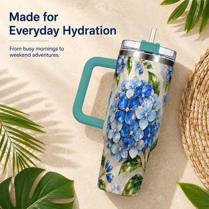 #pl[40oz|Green] Jeweled Hydrangea 40oz Tumbler with Handle, Floral Stainless Steel Cup