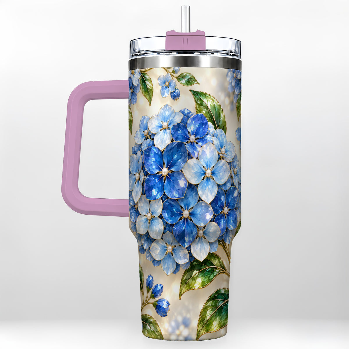 #pl[40oz|Pink] Jeweled Hydrangea 40oz Tumbler with Handle, Floral Stainless Steel Cup