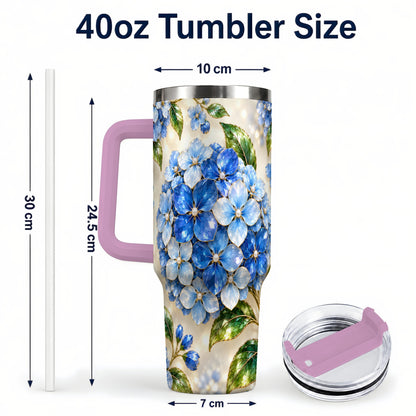 #pl[40oz|Pink] Jeweled Hydrangea 40oz Tumbler with Handle, Floral Stainless Steel Cup