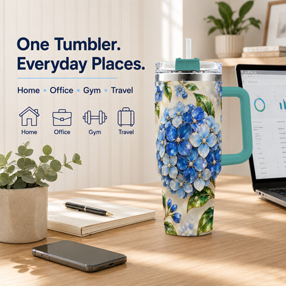 #pl[40oz|Green] Jeweled Hydrangea 40oz Tumbler with Handle, Floral Stainless Steel Cup