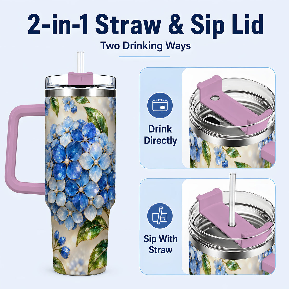 #pl[40oz|Pink] Jeweled Hydrangea 40oz Tumbler with Handle, Floral Stainless Steel Cup