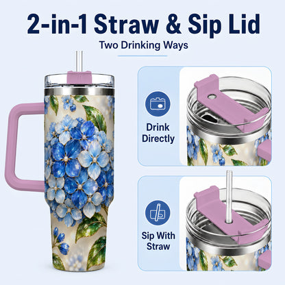 #pl[40oz|Pink] Jeweled Hydrangea 40oz Tumbler with Handle, Floral Stainless Steel Cup
