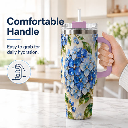 #pl[40oz|Pink] Jeweled Hydrangea 40oz Tumbler with Handle, Floral Stainless Steel Cup