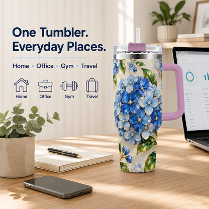 #pl[40oz|Pink] Jeweled Hydrangea 40oz Tumbler with Handle, Floral Stainless Steel Cup
