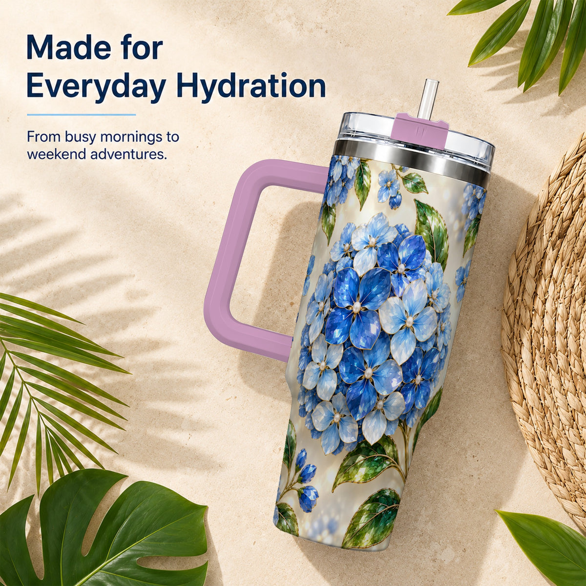 #pl[40oz|Pink] Jeweled Hydrangea 40oz Tumbler with Handle, Floral Stainless Steel Cup