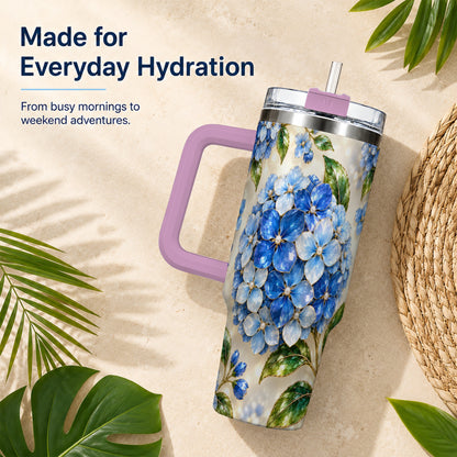 #pl[40oz|Pink] Jeweled Hydrangea 40oz Tumbler with Handle, Floral Stainless Steel Cup