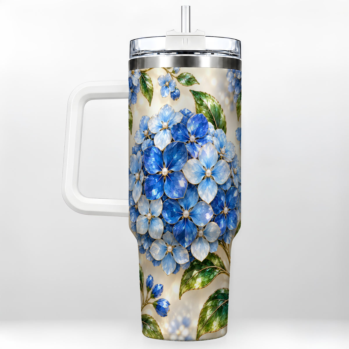 Jeweled Hydrangea 40oz Tumbler with Handle, Floral Stainless Steel Cup
