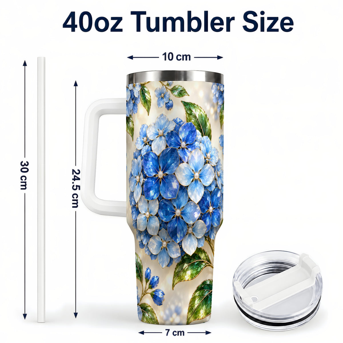 #pl[40oz|White] Jeweled Hydrangea 40oz Tumbler with Handle, Floral Stainless Steel Cup