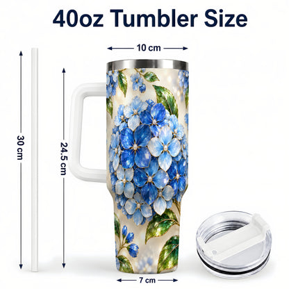 #pl[40oz|White] Jeweled Hydrangea 40oz Tumbler with Handle, Floral Stainless Steel Cup