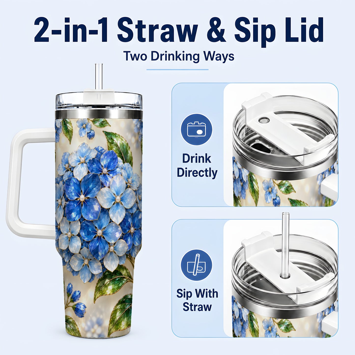 #pl[40oz|White] Jeweled Hydrangea 40oz Tumbler with Handle, Floral Stainless Steel Cup