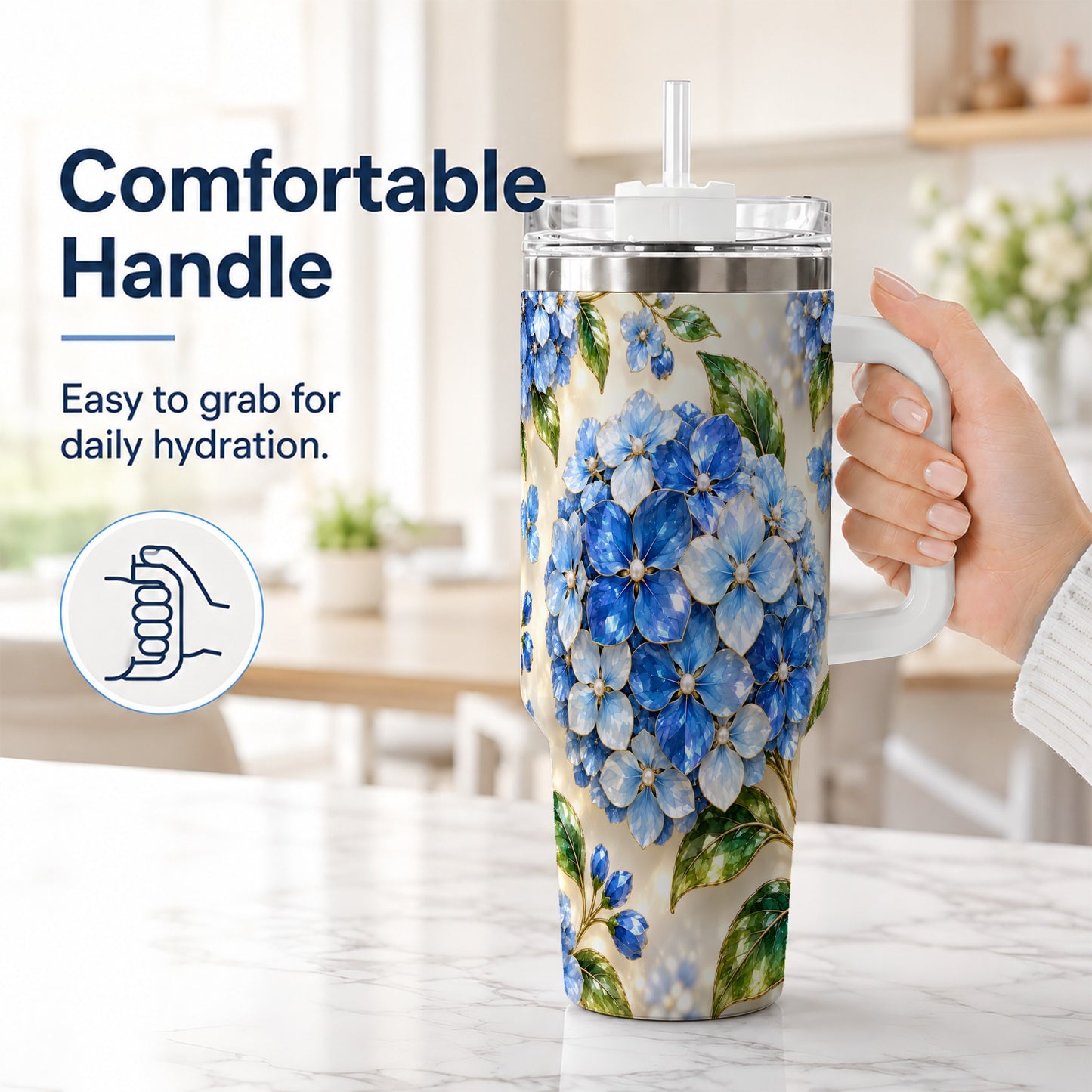 #pl[40oz|White] Jeweled Hydrangea 40oz Tumbler with Handle, Floral Stainless Steel Cup