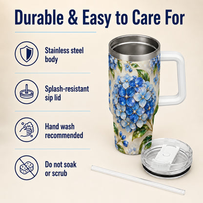 #pl[40oz|White] Jeweled Hydrangea 40oz Tumbler with Handle, Floral Stainless Steel Cup