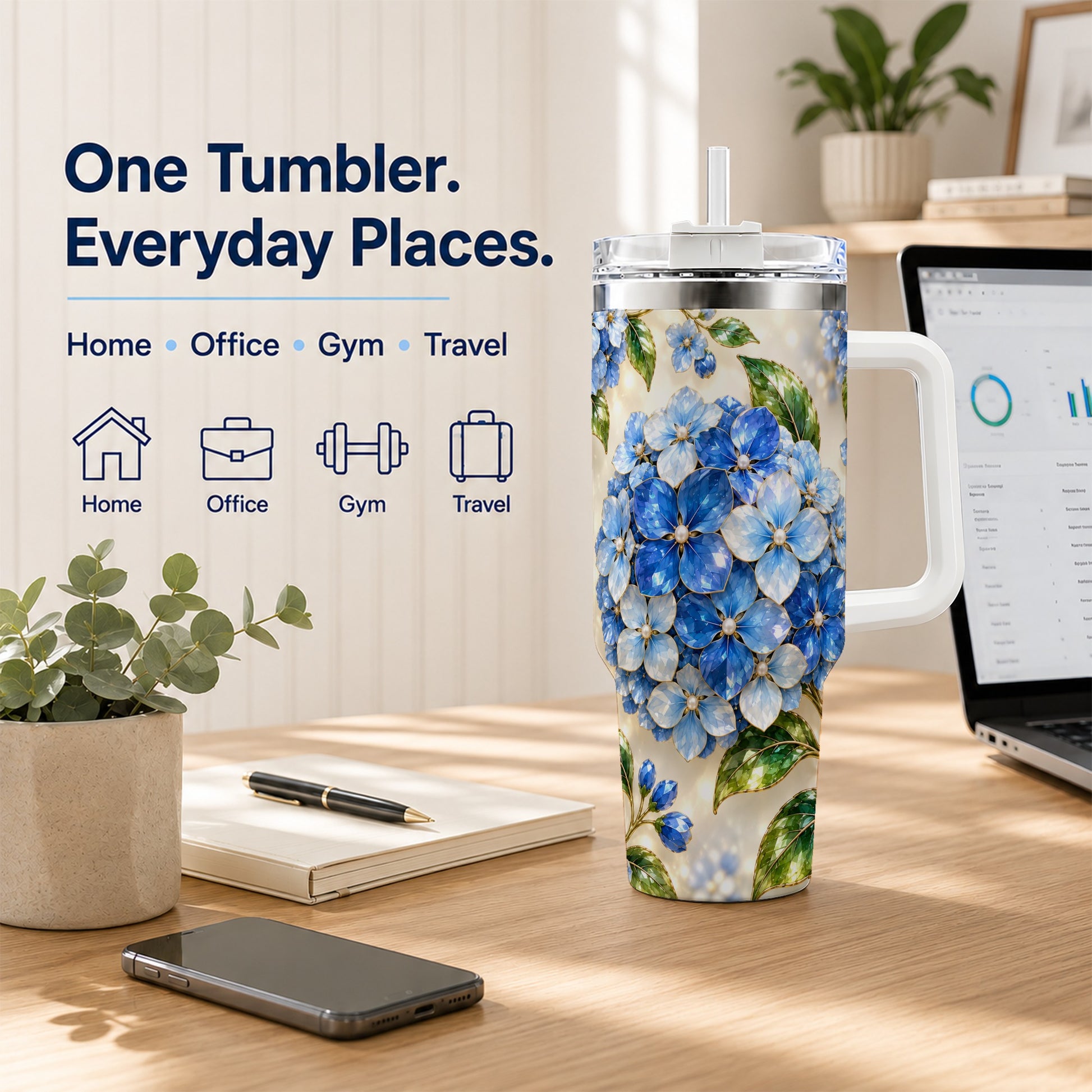 #pl[40oz|White] Jeweled Hydrangea 40oz Tumbler with Handle, Floral Stainless Steel Cup