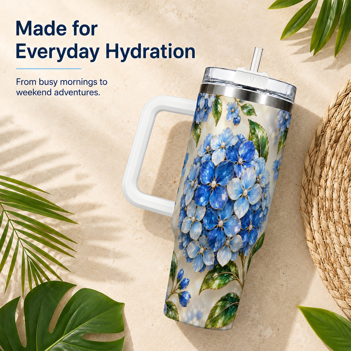 #pl[40oz|White] Jeweled Hydrangea 40oz Tumbler with Handle, Floral Stainless Steel Cup
