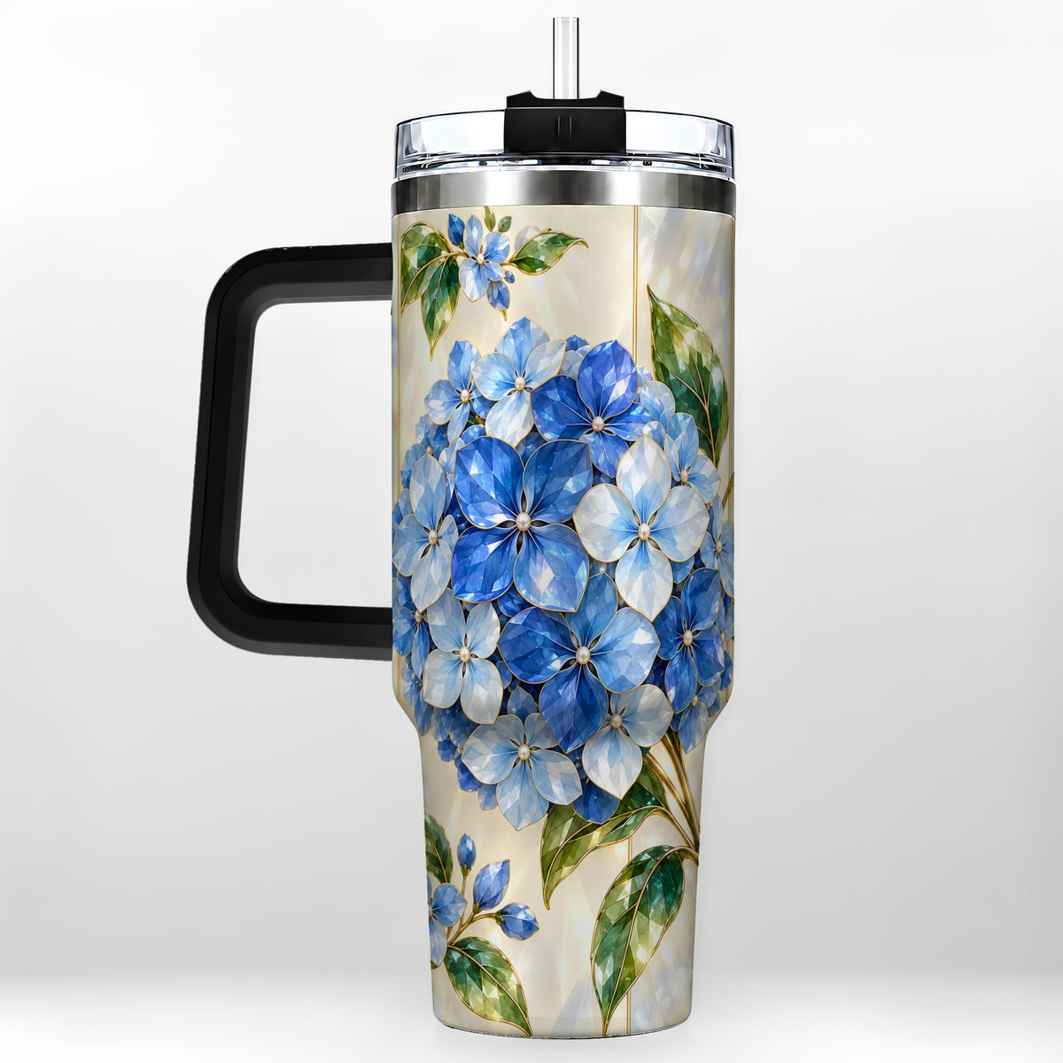 #pl[40oz|Black] Faceted Hydrangea 40oz Tumbler with Handle, Floral Stainless Steel Cup