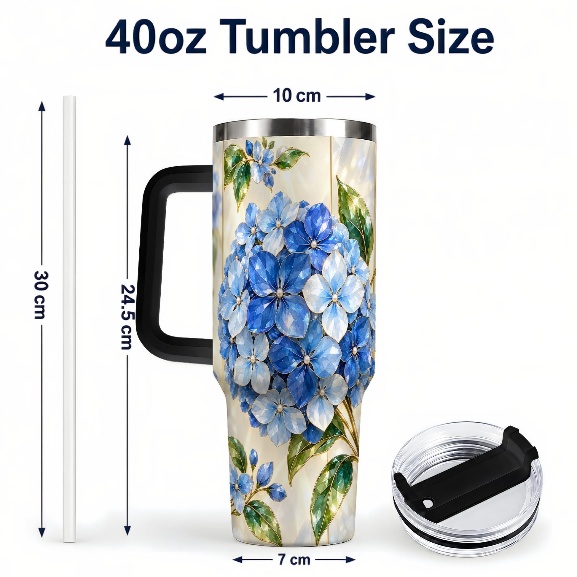 #pl[40oz|Black] Faceted Hydrangea 40oz Tumbler with Handle, Floral Stainless Steel Cup