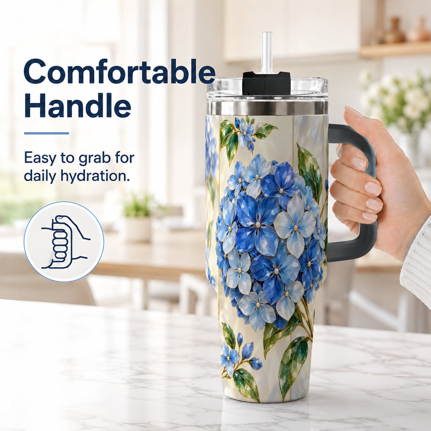 #pl[40oz|Black] Faceted Hydrangea 40oz Tumbler with Handle, Floral Stainless Steel Cup