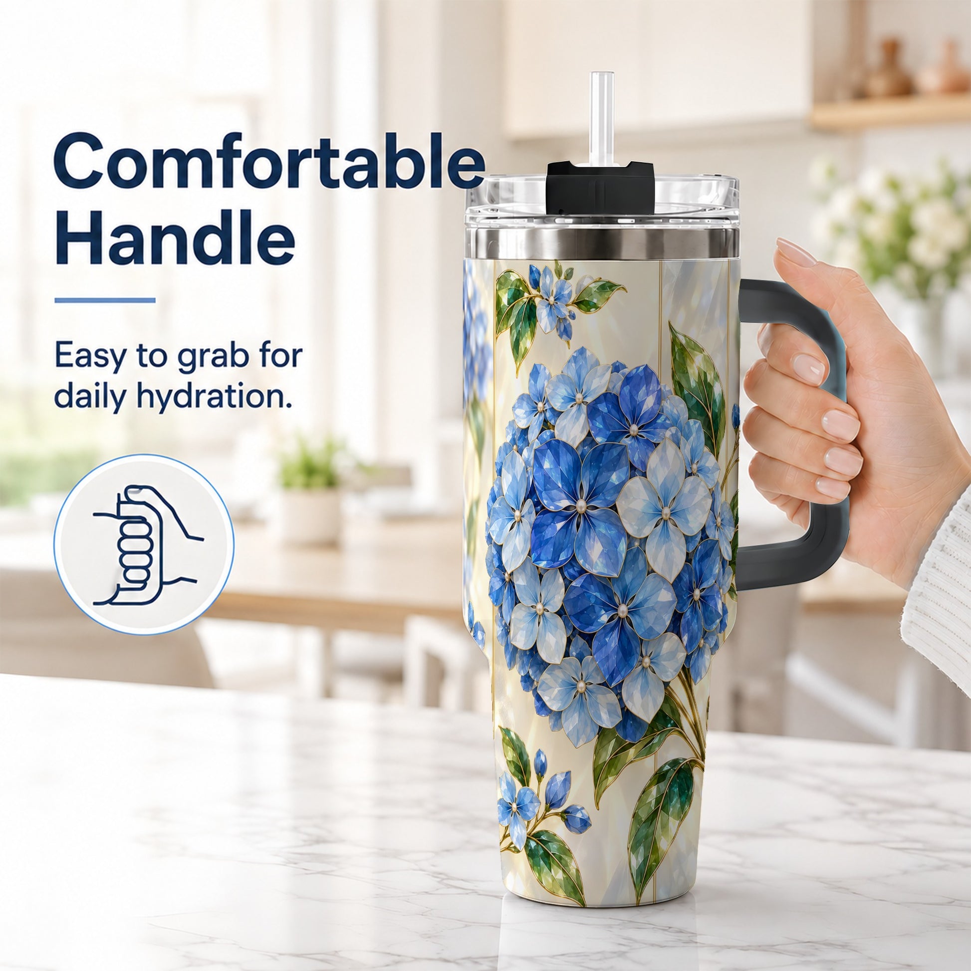 #pl[40oz|Black] Faceted Hydrangea 40oz Tumbler with Handle, Floral Stainless Steel Cup