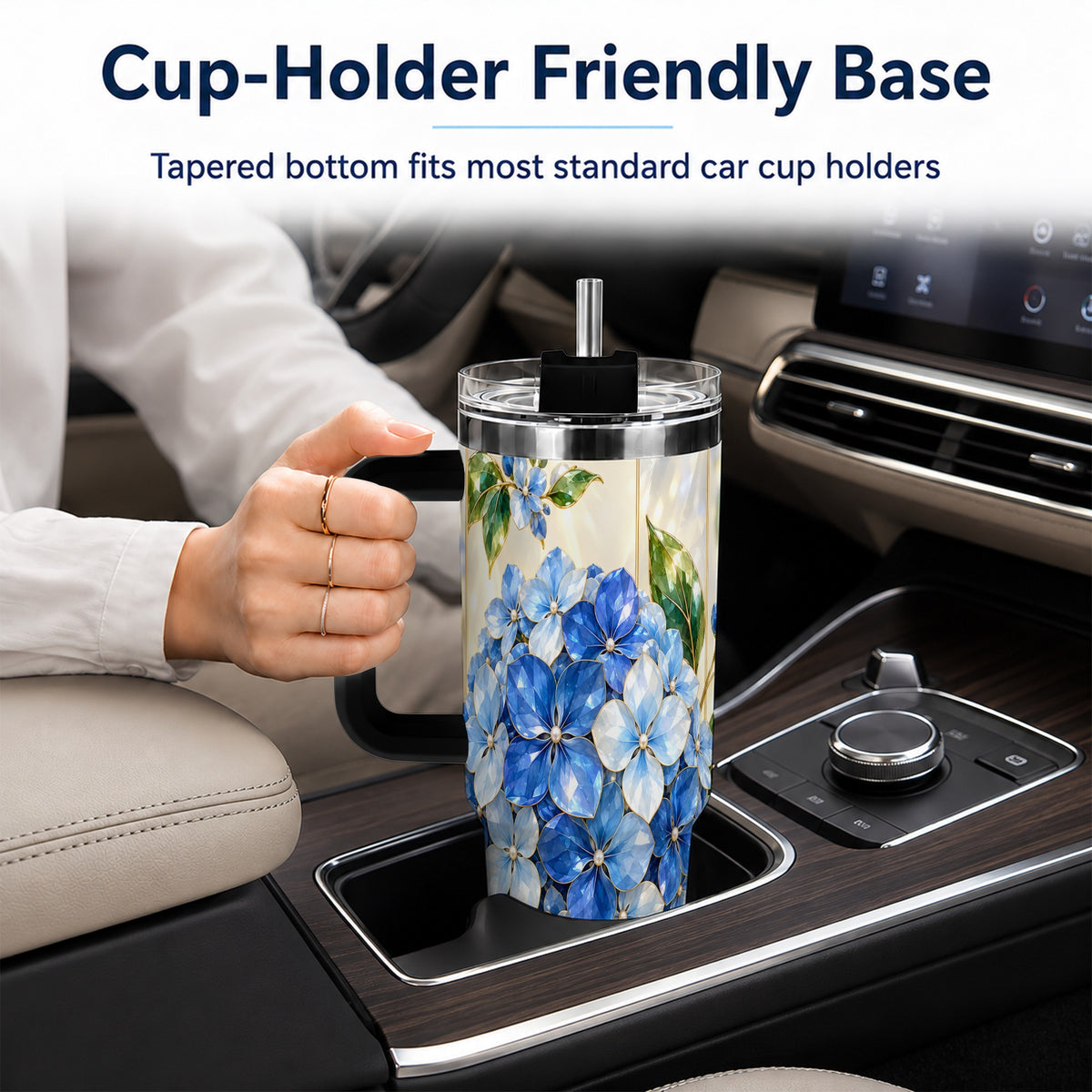 #pl[40oz|Black] Faceted Hydrangea 40oz Tumbler with Handle, Floral Stainless Steel Cup