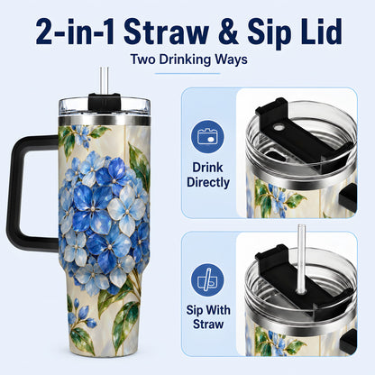 #pl[40oz|Black] Faceted Hydrangea 40oz Tumbler with Handle, Floral Stainless Steel Cup