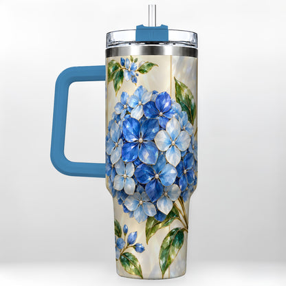 #pl[40oz|Blue] Faceted Hydrangea 40oz Tumbler with Handle, Floral Stainless Steel Cup