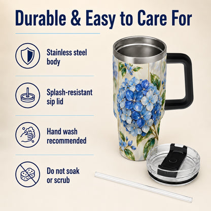 #pl[40oz|Black] Faceted Hydrangea 40oz Tumbler with Handle, Floral Stainless Steel Cup