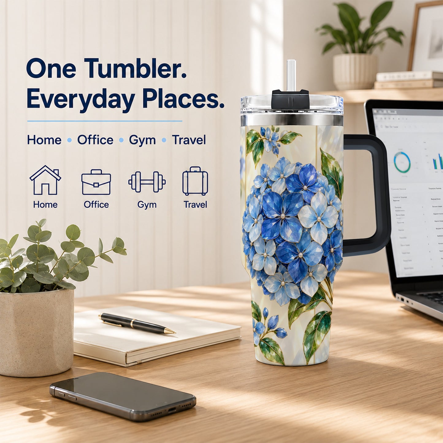 #pl[40oz|Black] Faceted Hydrangea 40oz Tumbler with Handle, Floral Stainless Steel Cup