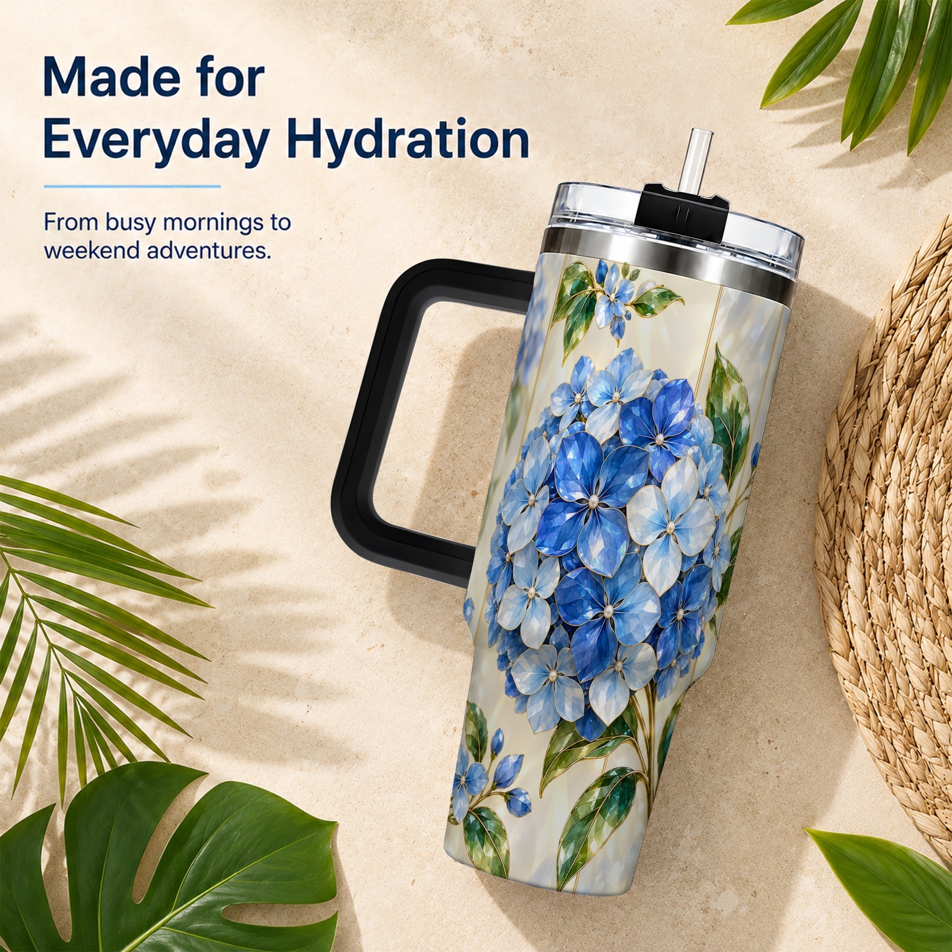 #pl[40oz|Black] Faceted Hydrangea 40oz Tumbler with Handle, Floral Stainless Steel Cup