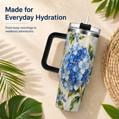 #pl[40oz|Black] Faceted Hydrangea 40oz Tumbler with Handle, Floral Stainless Steel Cup
