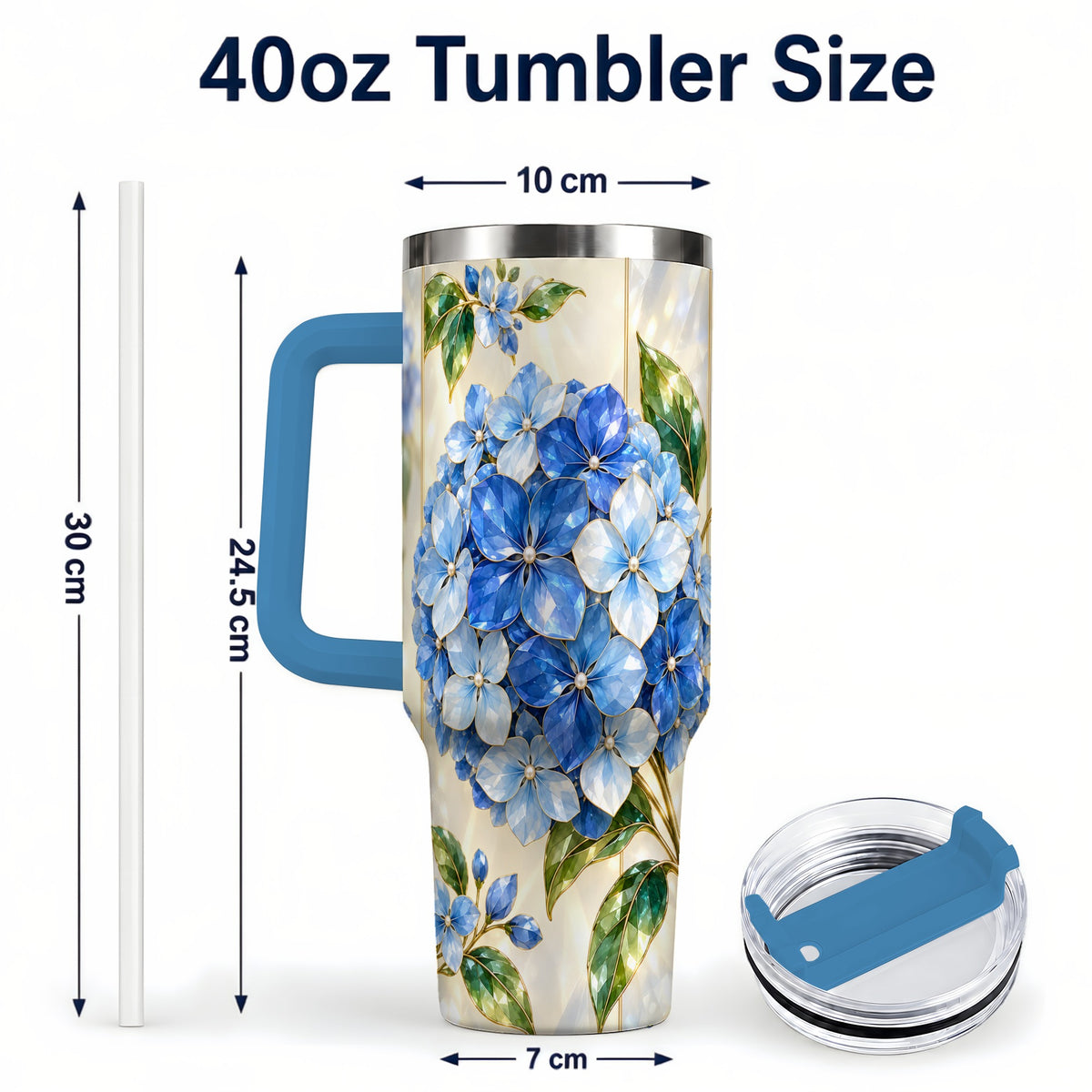 #pl[40oz|Blue] Faceted Hydrangea 40oz Tumbler with Handle, Floral Stainless Steel Cup