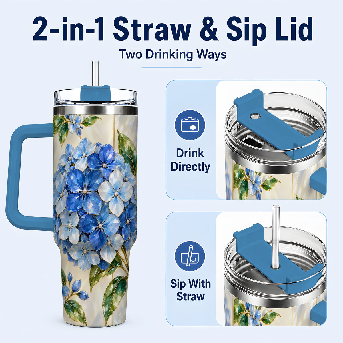 #pl[40oz|Blue] Faceted Hydrangea 40oz Tumbler with Handle, Floral Stainless Steel Cup
