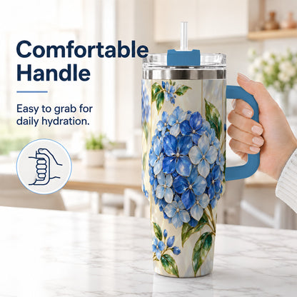 #pl[40oz|Blue] Faceted Hydrangea 40oz Tumbler with Handle, Floral Stainless Steel Cup
