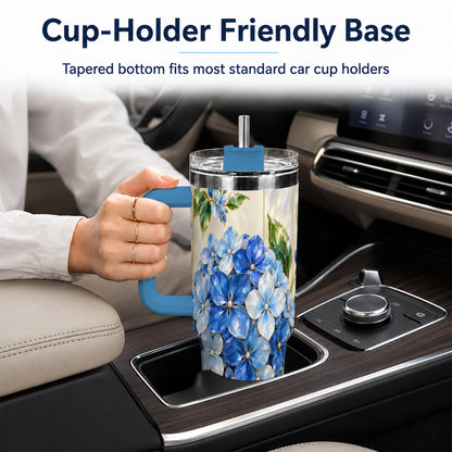 #pl[40oz|Blue] Faceted Hydrangea 40oz Tumbler with Handle, Floral Stainless Steel Cup
